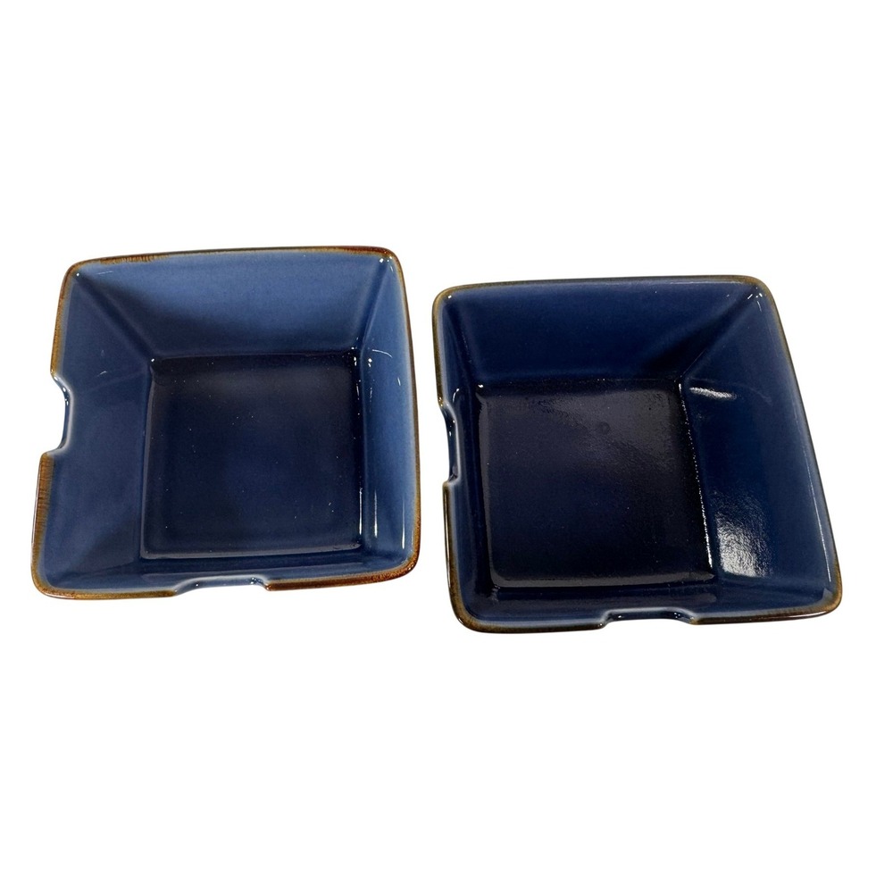 (Set of 2) Pottery Barn Blue Stoneware Square Soup Noodle Bowls Made in JAPAN